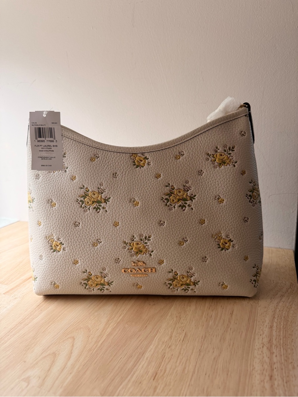 LAUREL SHOULDER BAG COACH Cream Pebbled Leather Shoulder Bag with Yellow Floral